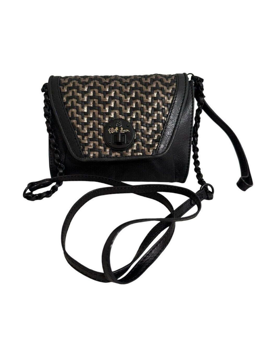 Elliott Lucca Crossbody Wristlet Bag Woven Black Gold Woven Flap Turn Lock
